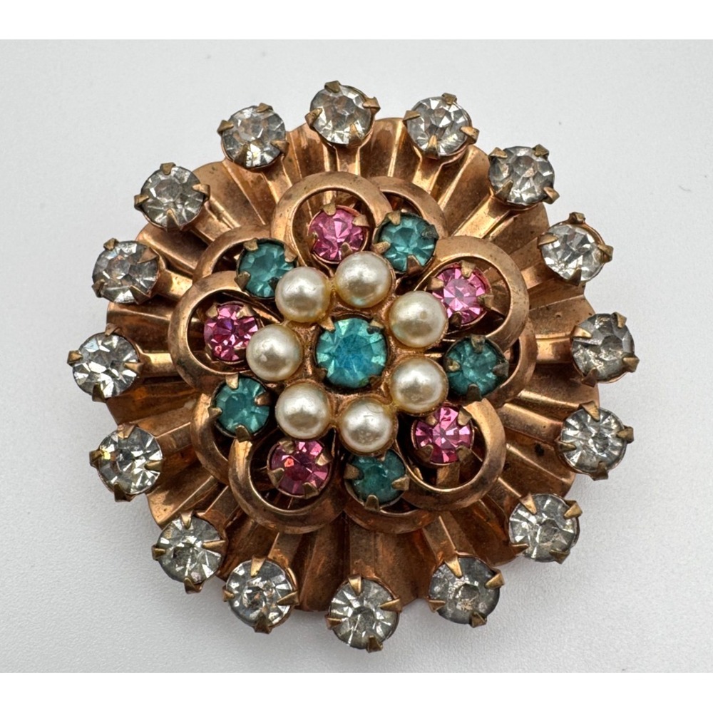 Vintage Rhinestone Brooch Gold Tone Pink Blue Pearl Sunburst Flower Pin 1950s